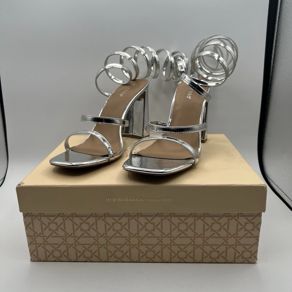 Bamboo Genny Silver Strappy Heels Womens 9 Ankle Strap Metallic Sandals
